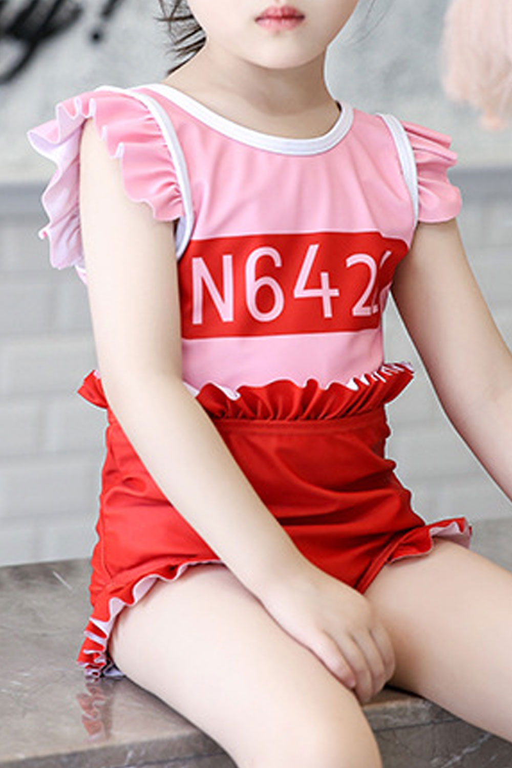 Toddler Girls One Piece Round Neck Ruffled Breathable Swimwear