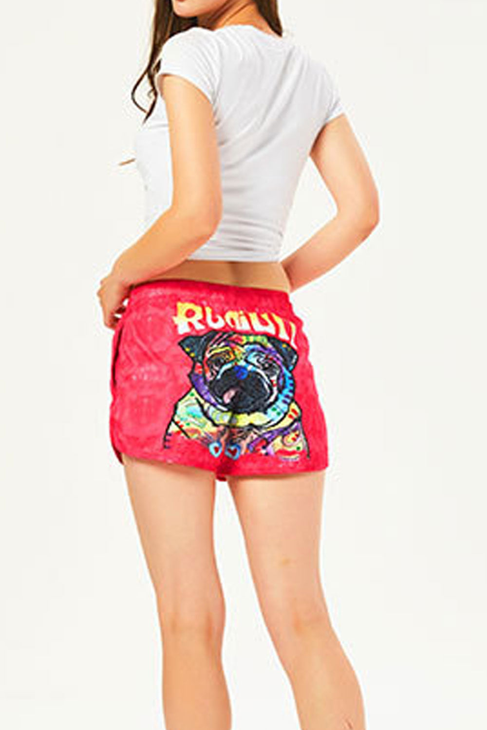 Women Colorful Dog Print Elastic Waist Summer Beach Short