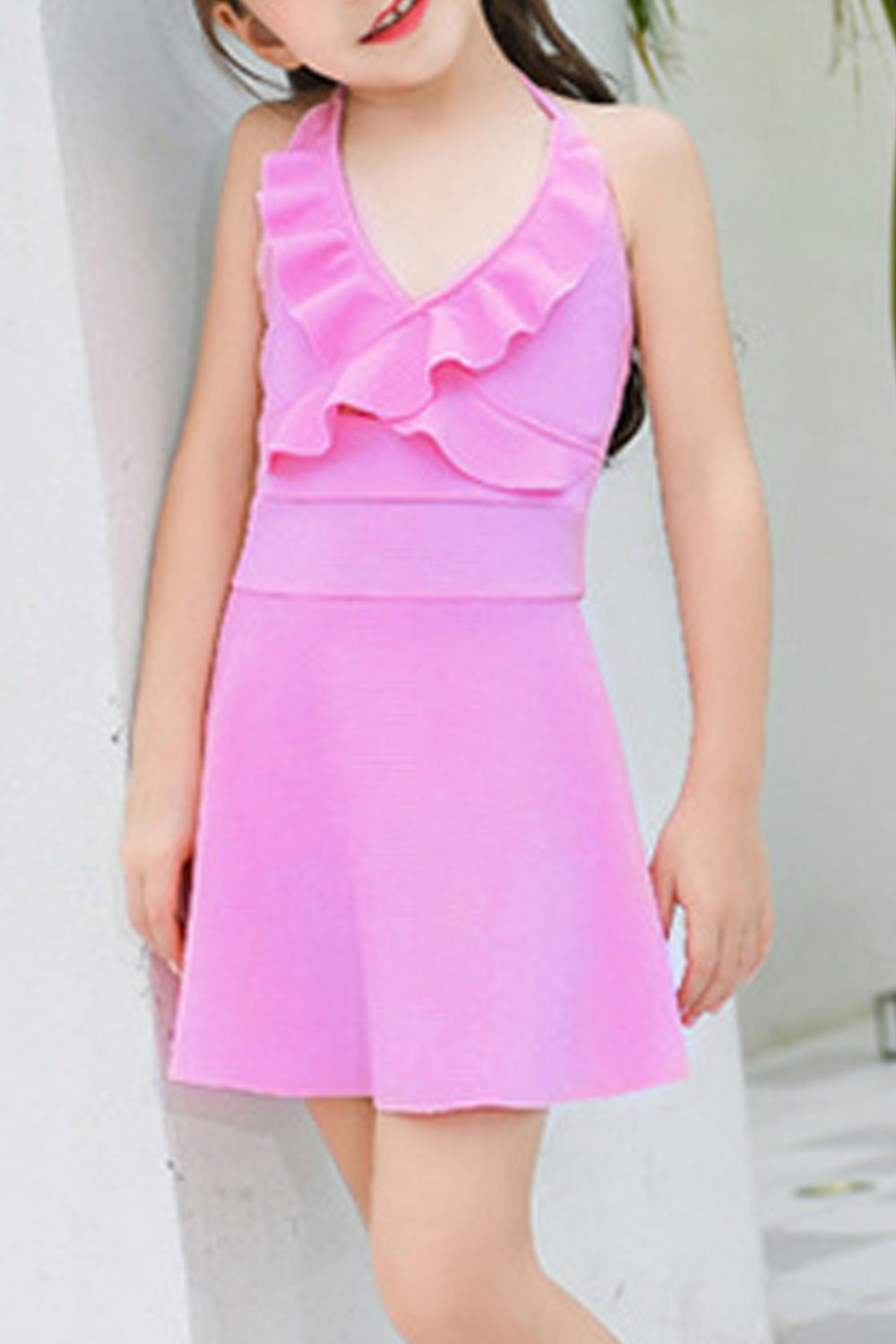 Baby Girls Solid Color Trim Ruffle Halter Neck One Piece Swimwear