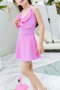 Baby Girls Solid Color Trim Ruffle Halter Neck One Piece Swimwear