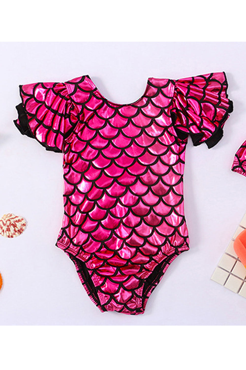 Baby Girls One Piece Fish Scale Pattern Ruffled Sleeve Swimwear