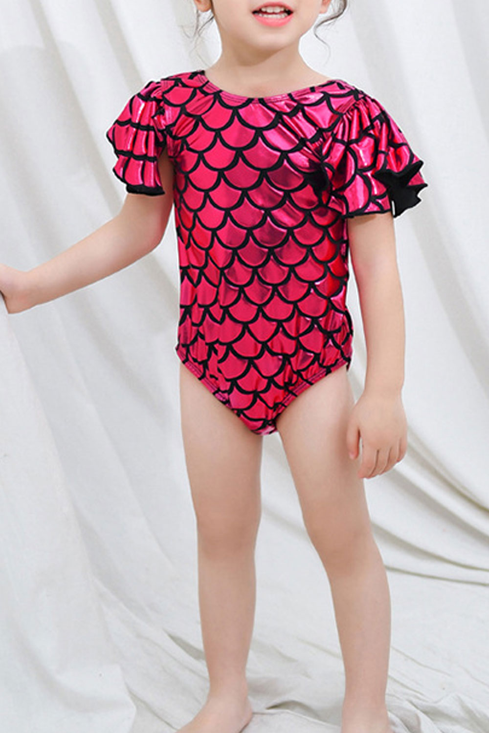 Baby Girls One Piece Fish Scale Pattern Ruffled Sleeve Swimwear