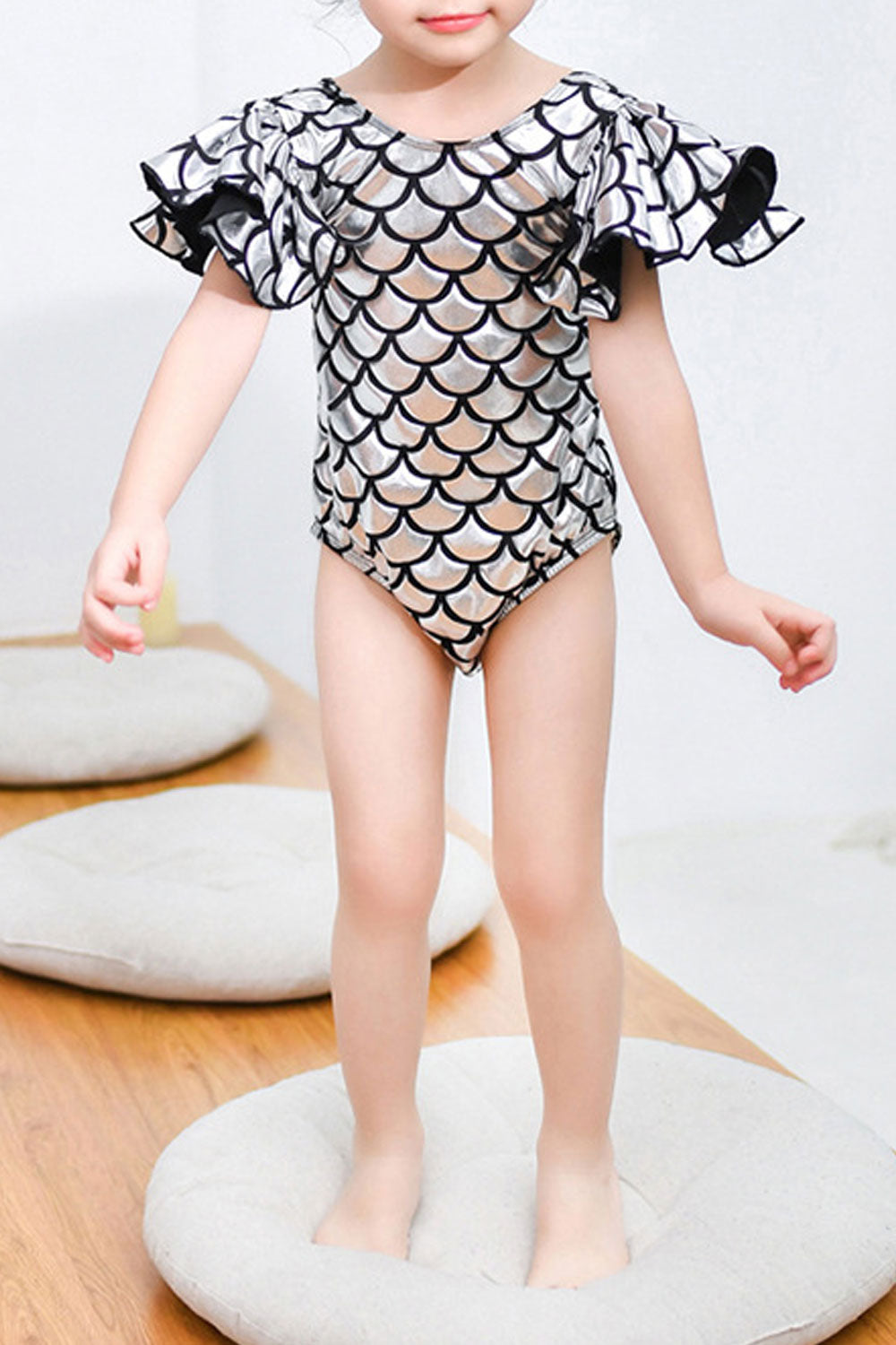 Baby Girls One Piece Fish Scale Pattern Ruffled Sleeve Swimwear