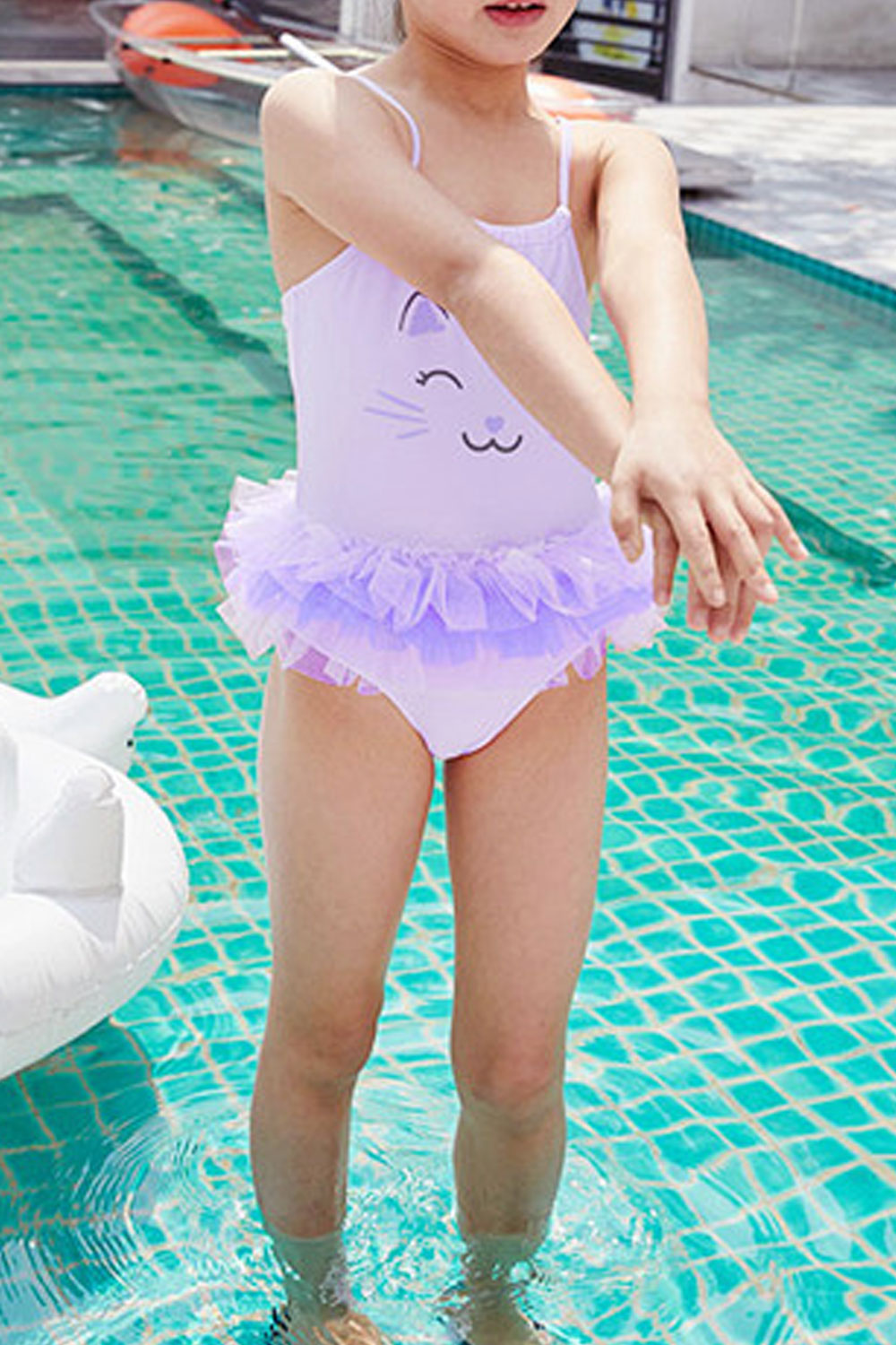 Toddler Girls Cat Print Fluffy Ruffled One Piece Swimwear