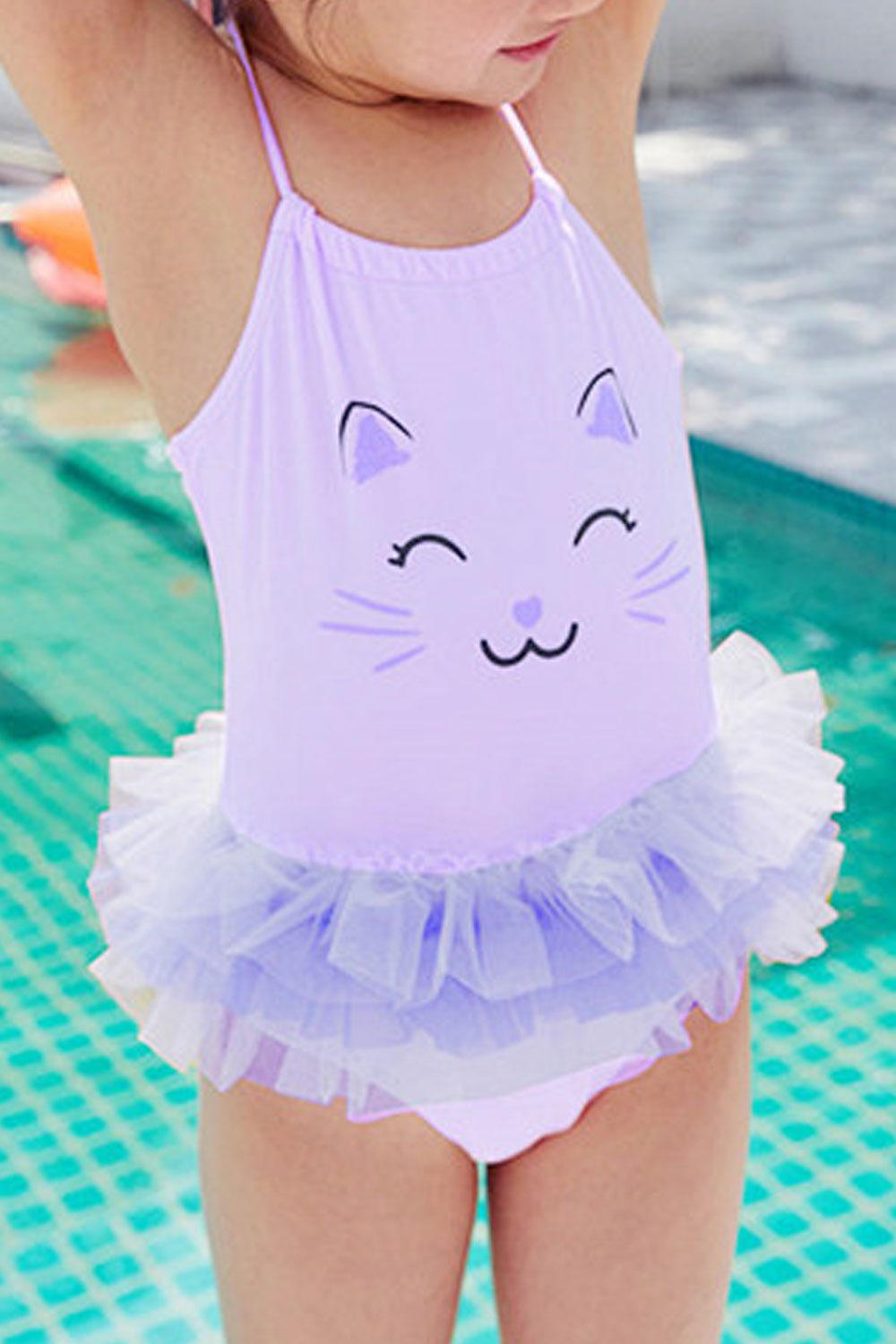 Toddler Girls Cat Print Fluffy Ruffled One Piece Swimwear