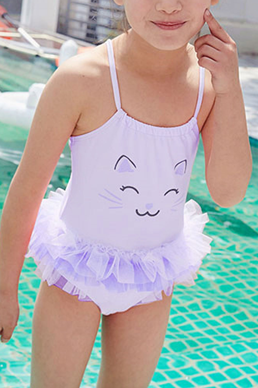 Toddler Girls Cat Print Fluffy Ruffled One Piece Swimwear