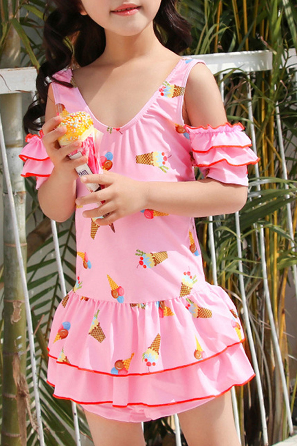 Toddler Girls Ruffles Layer One Piece Ice Cream Print Swimwear