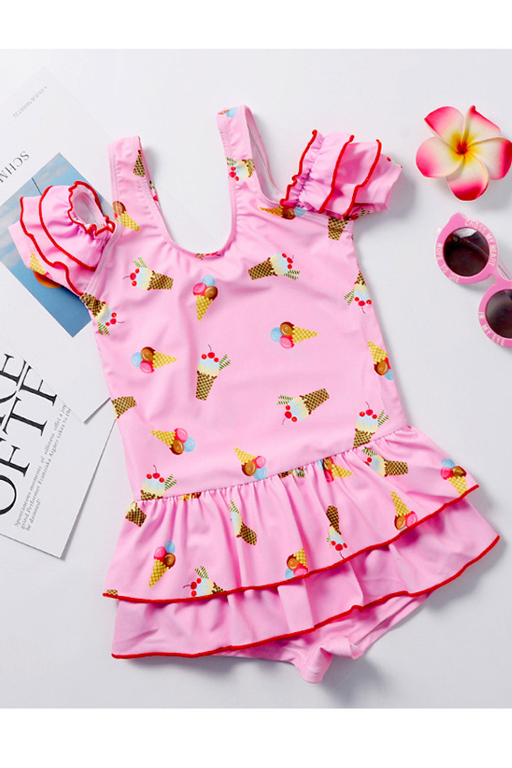 Toddler Girls Ruffles Layer One Piece Ice Cream Print Swimwear
