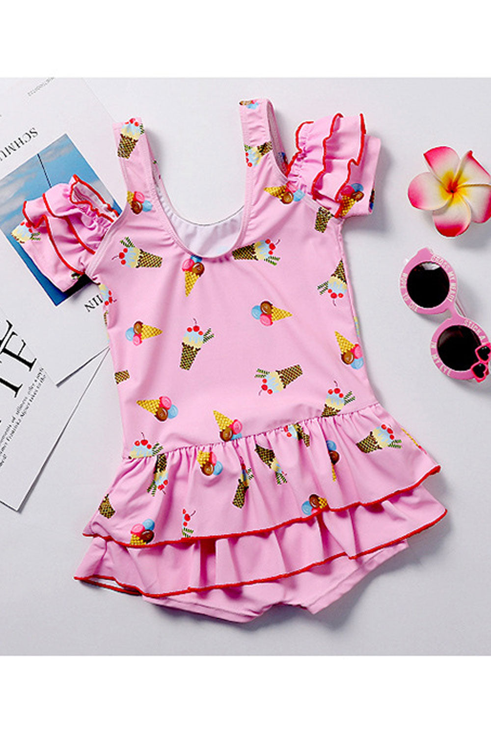 Toddler Girls Ruffles Layer One Piece Ice Cream Print Swimwear