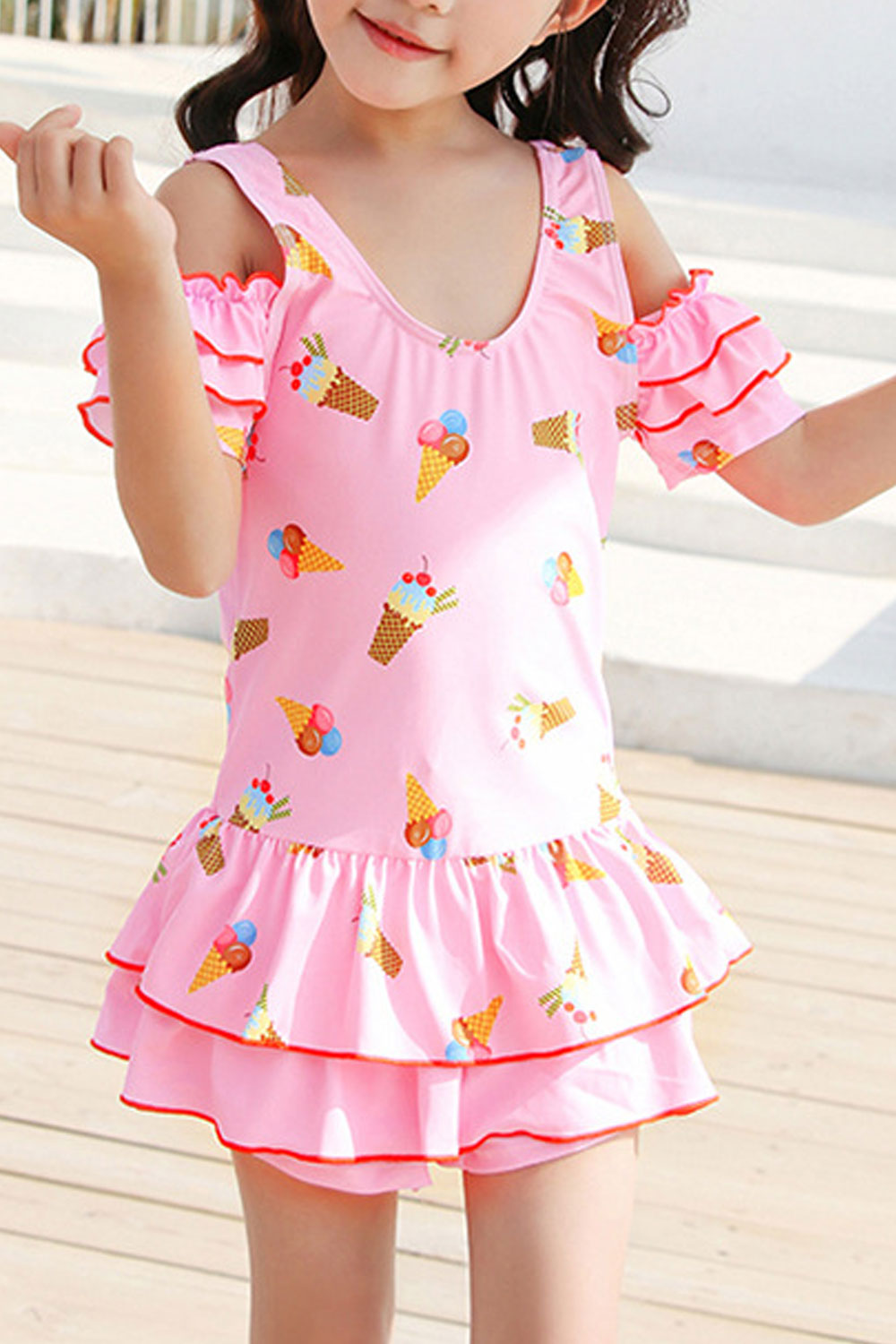 Toddler Girls Ruffles Layer One Piece Ice Cream Print Swimwear