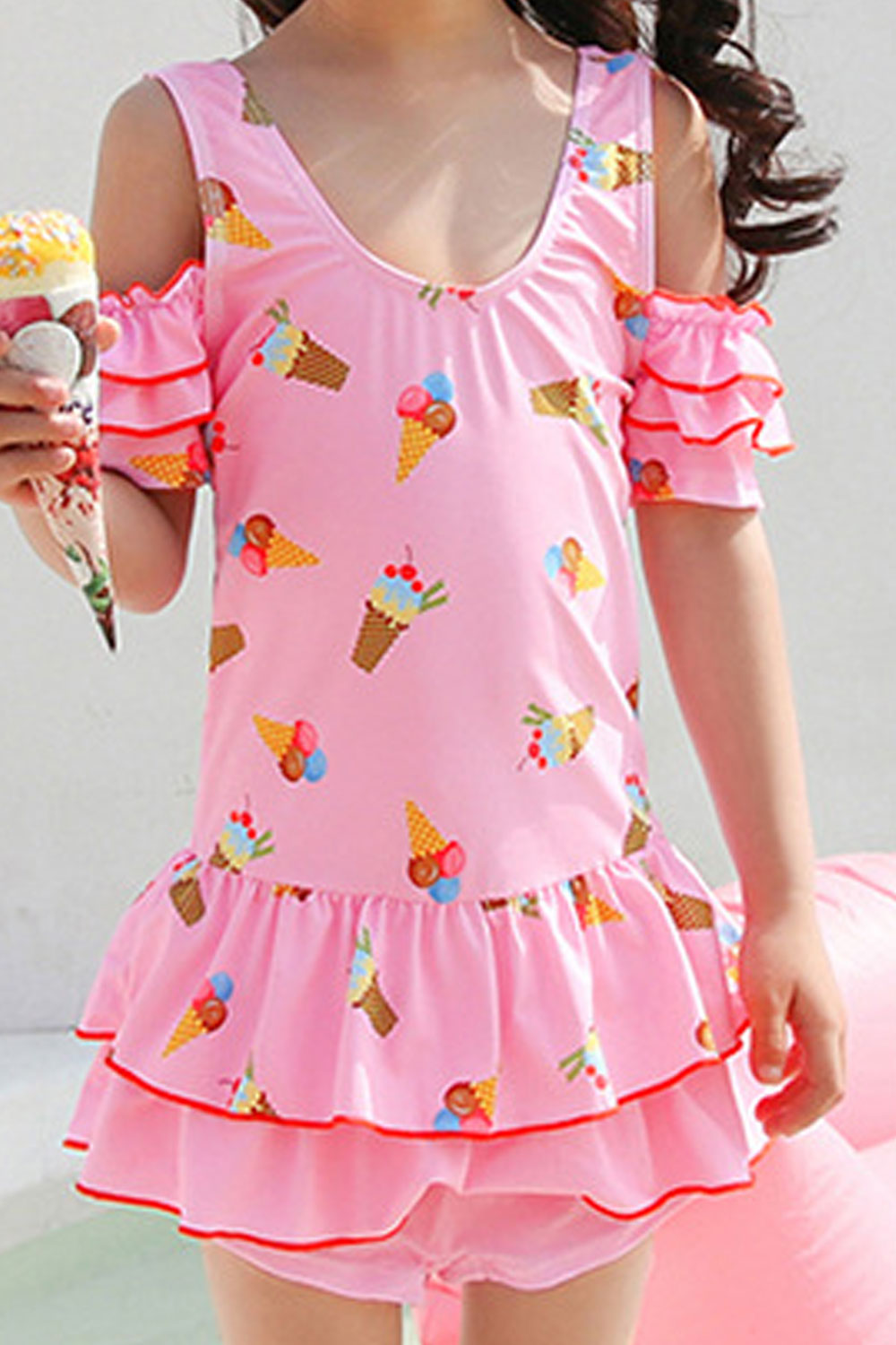 Toddler Girls Ruffles Layer One Piece Ice Cream Print Swimwear