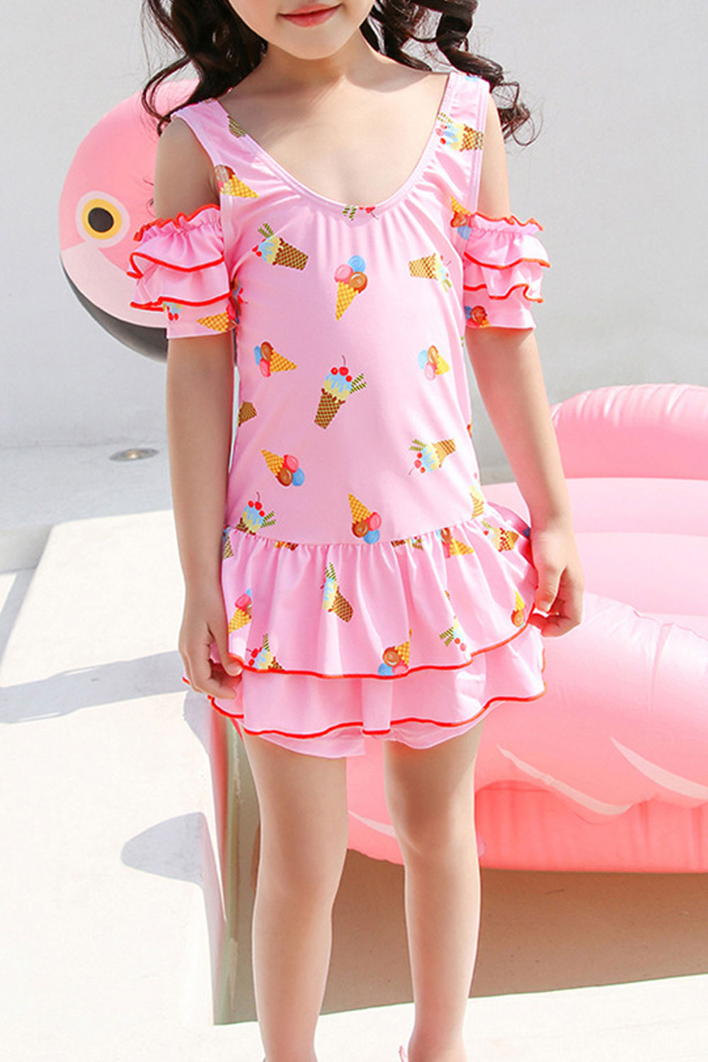 Toddler Girls Ruffles Layer One Piece Ice Cream Print Swimwear