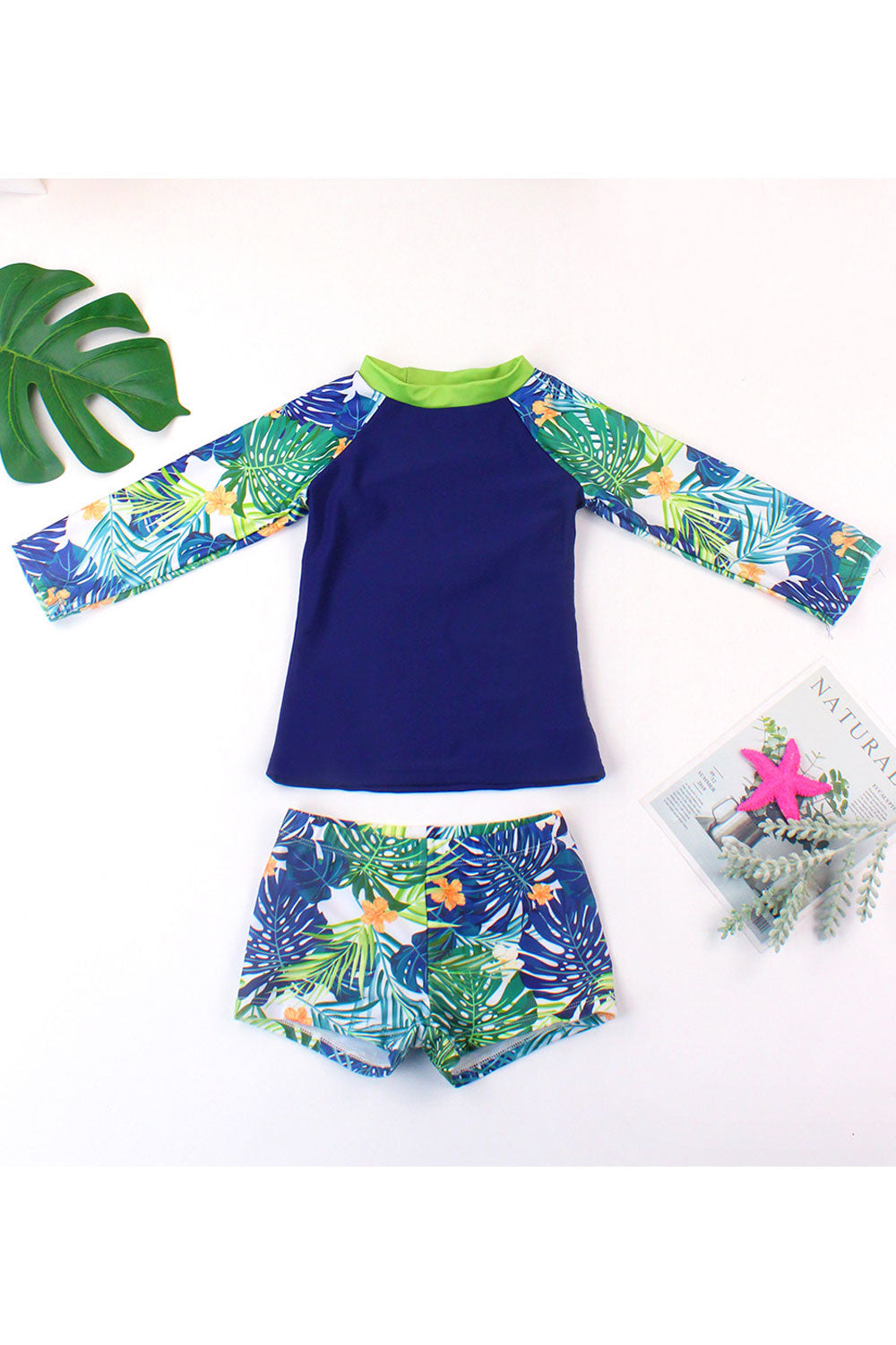 Baby Boys Floral Long Sleeve Elastic Waist Swimsuit Set