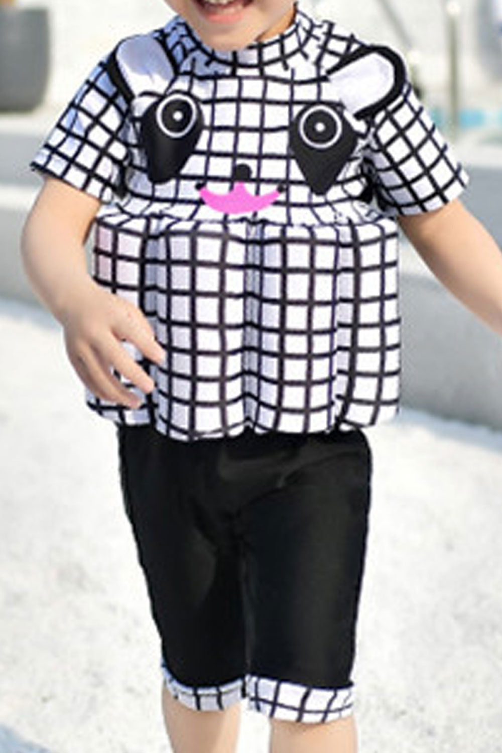 Baby Boys Plaid Panda Pattern Short Sleeve One Piece Swimwear