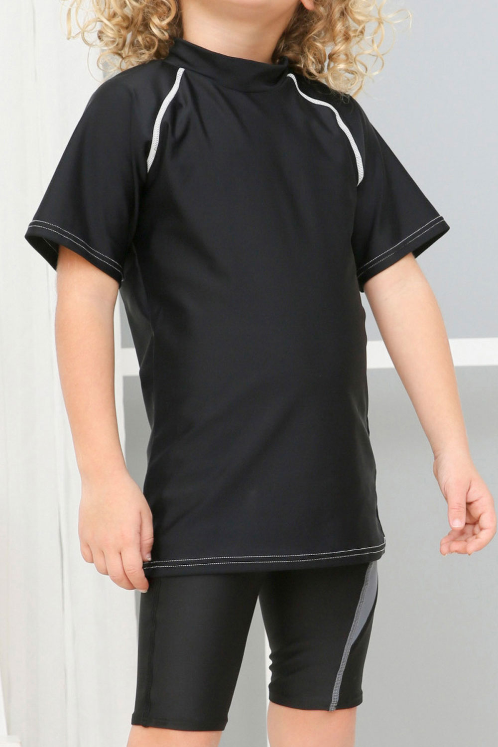 Kids Boys Solid Colored High Neck Short Sleeve Comfy Swimsuit Set