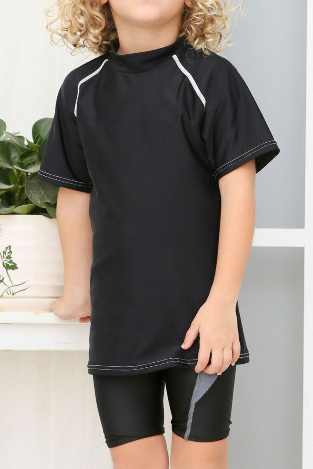 Kids Boys Solid Colored High Neck Short Sleeve Comfy Swimsuit Set