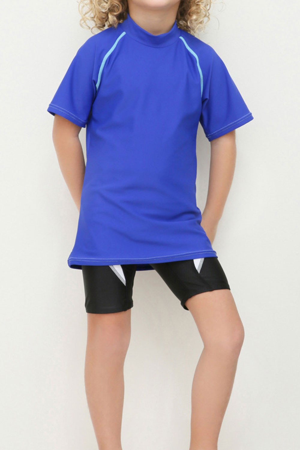 Kids Boys Solid Colored High Neck Short Sleeve Comfy Swimsuit Set