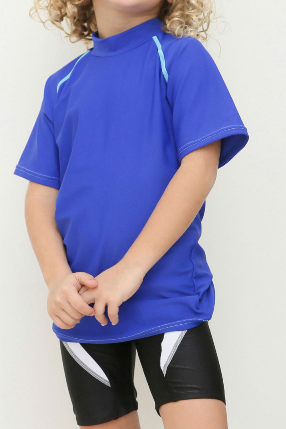 Kids Boys Solid Colored High Neck Short Sleeve Comfy Swimsuit Set