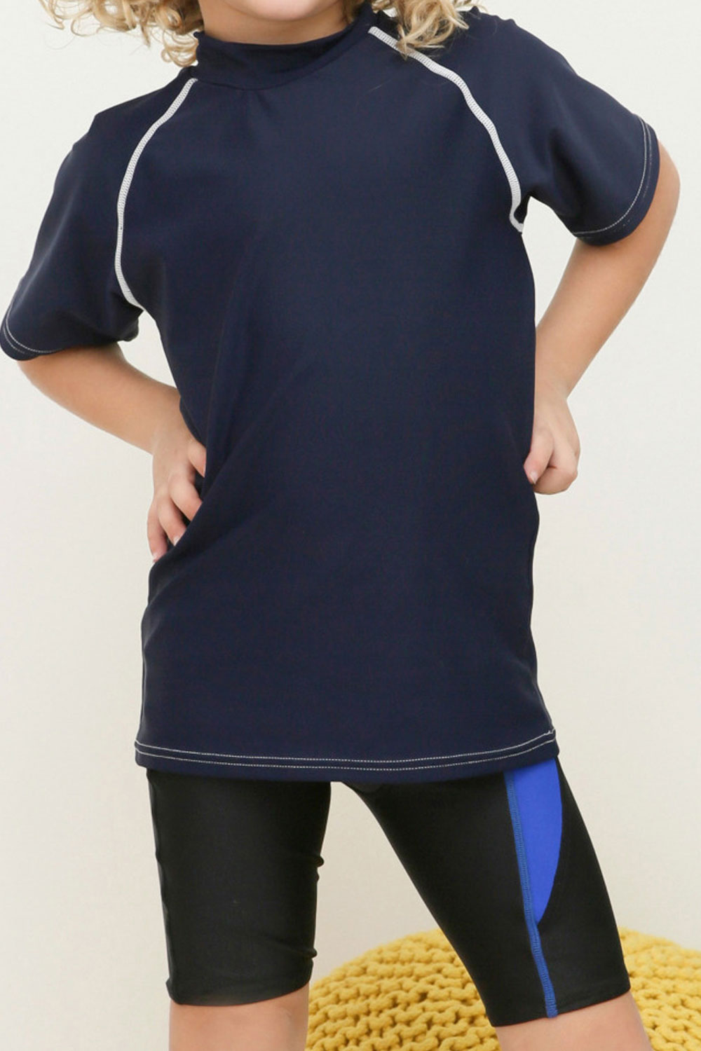 Kids Boys Solid Colored High Neck Short Sleeve Comfy Swimsuit Set