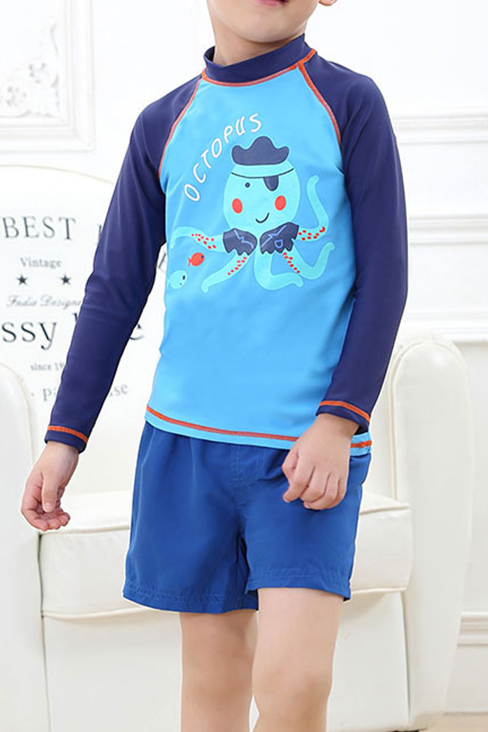 Kids Elasticated Tie Waist Long Sleeve Octopus Printed Swimsuit Set