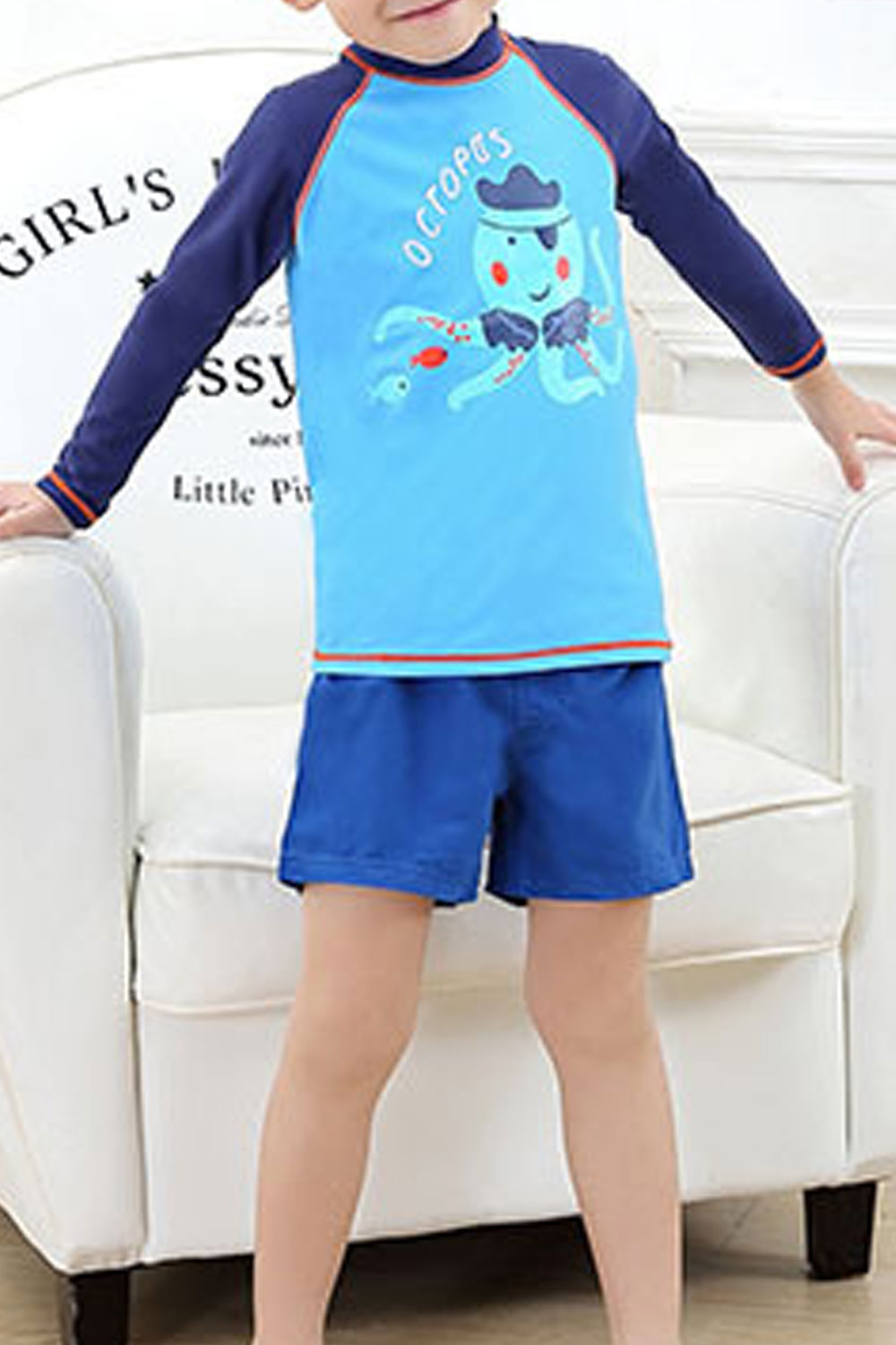 Kids Elasticated Tie Waist Long Sleeve Octopus Printed Swimsuit Set