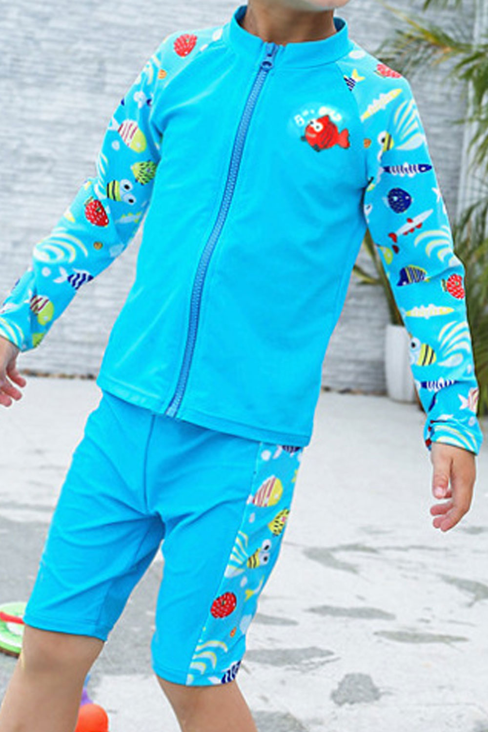 Kids Zipper Closure Long Sleeve Elasticated Waist Swimsuit Set