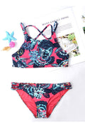 Kids Girls Strap Neck Flower Printed Elasticated Waist Swimsuit Set