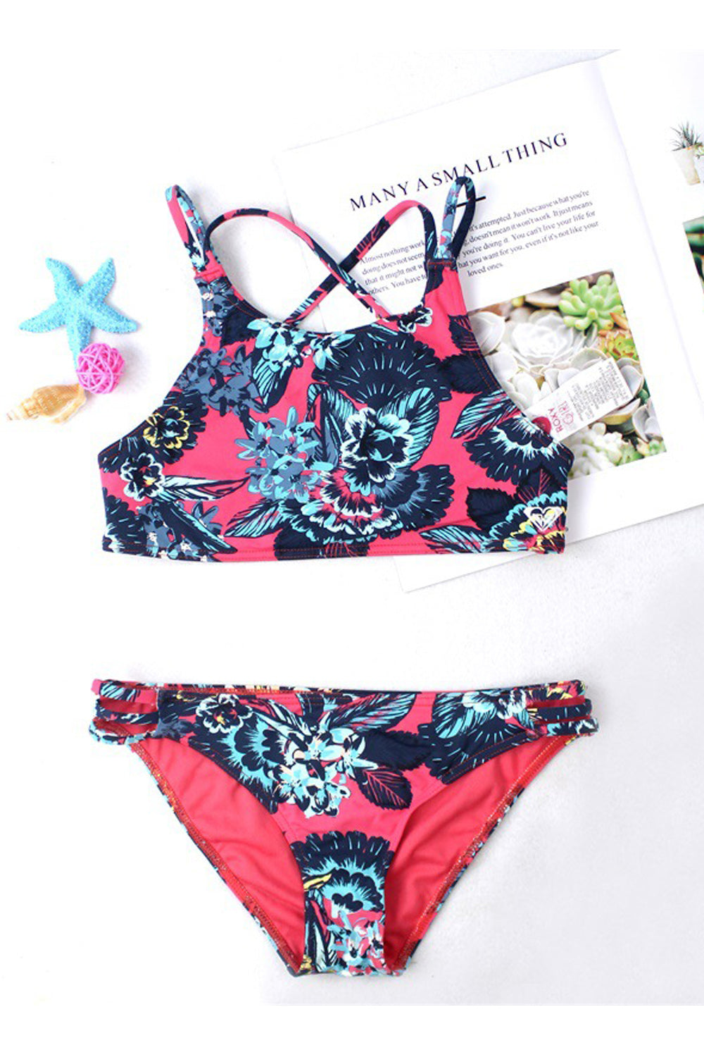Kids Girls Strap Neck Flower Printed Elasticated Waist Swimsuit Set