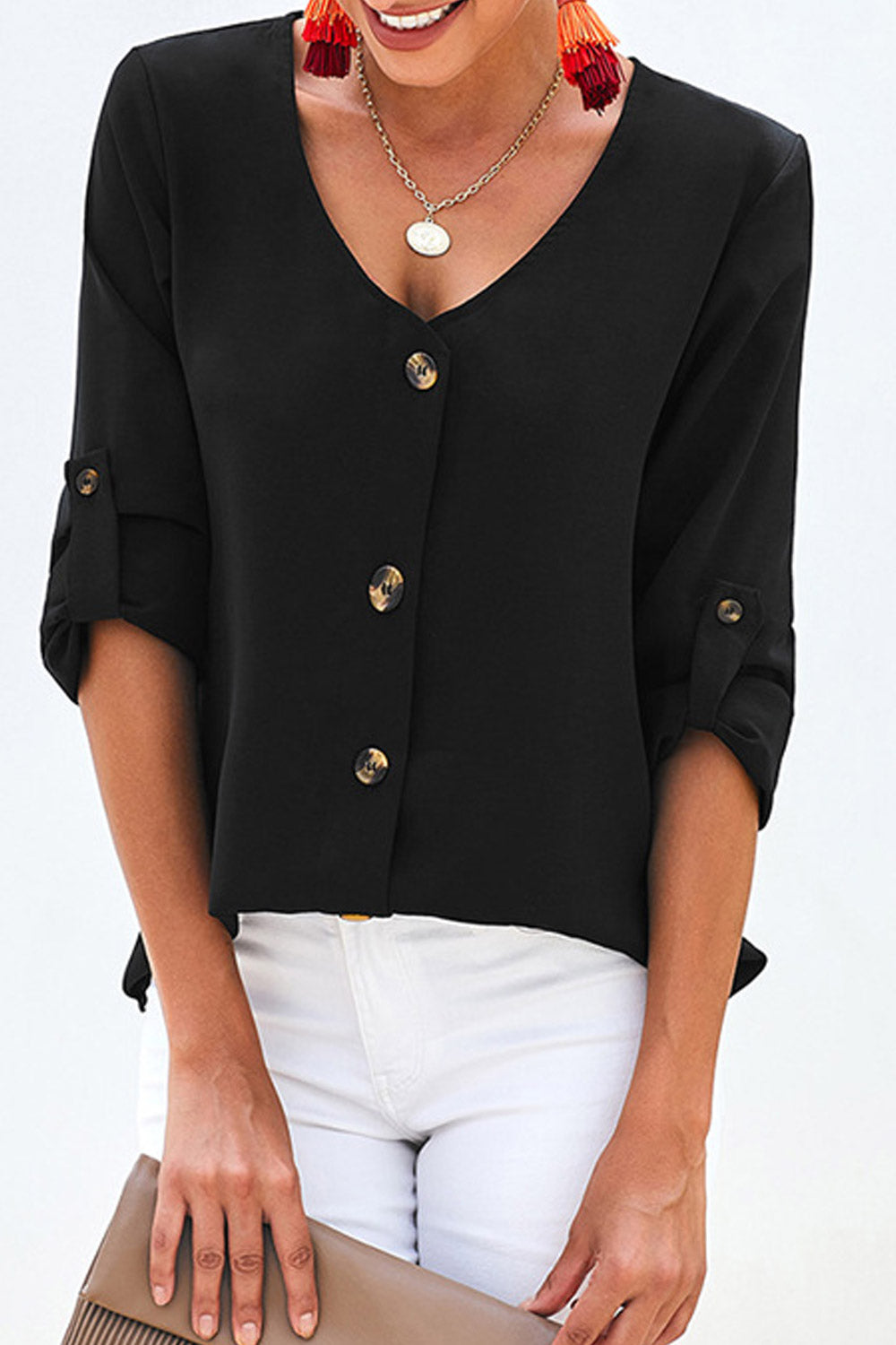 Women V-Neck Loose Buttons Summer Top