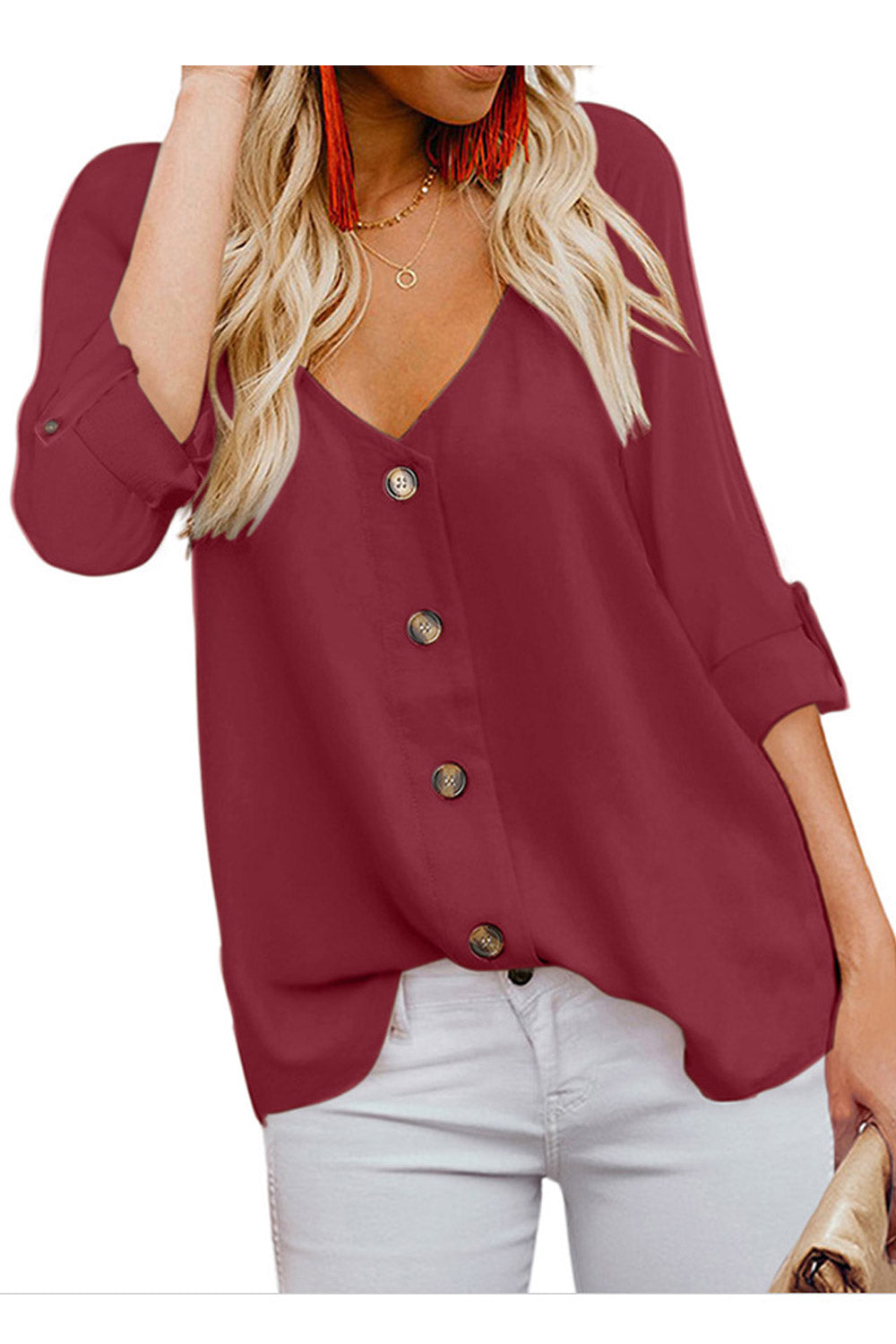 Women V-Neck Loose Buttons Summer Top