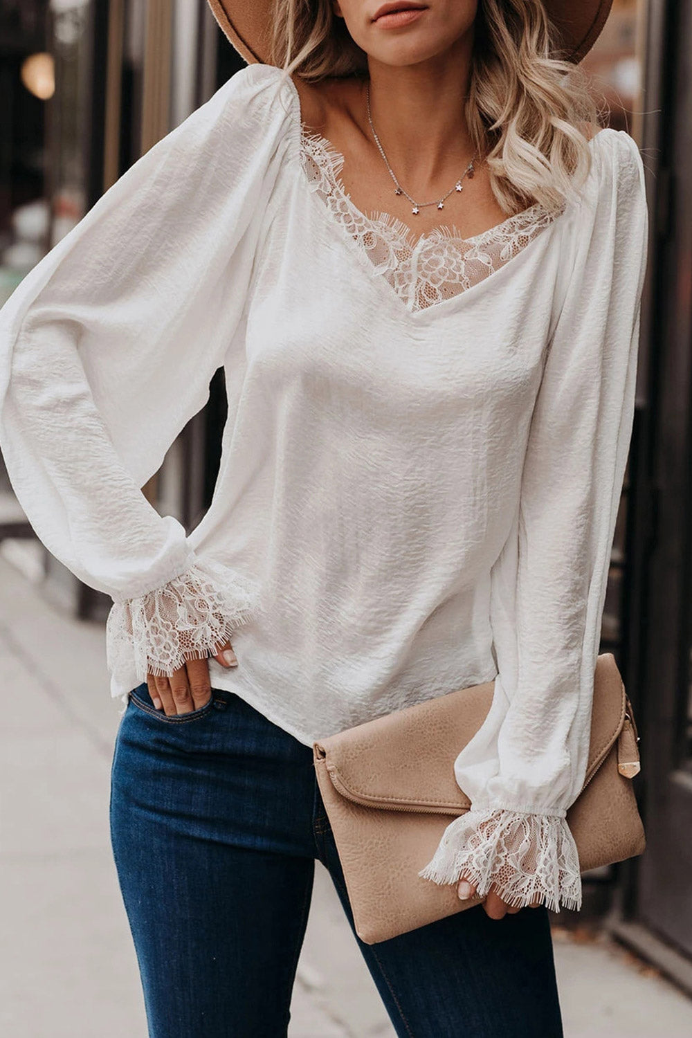 Women Solid Colour V-Neck Lace Loose Top
