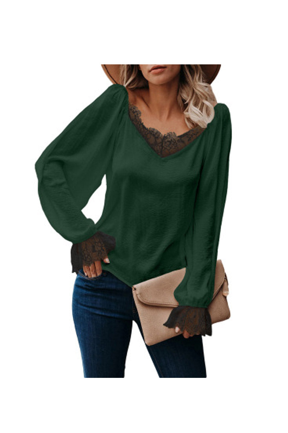 Women Solid Colour V-Neck Lace Loose Top