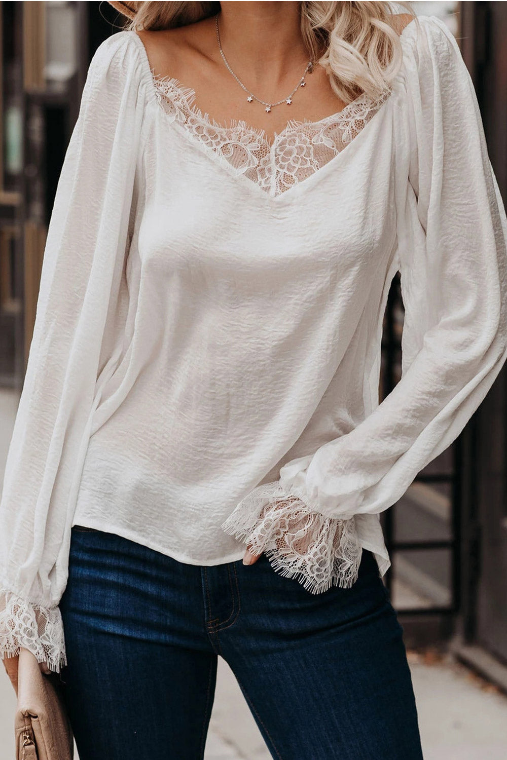 Women Solid Colour V-Neck Lace Loose Top