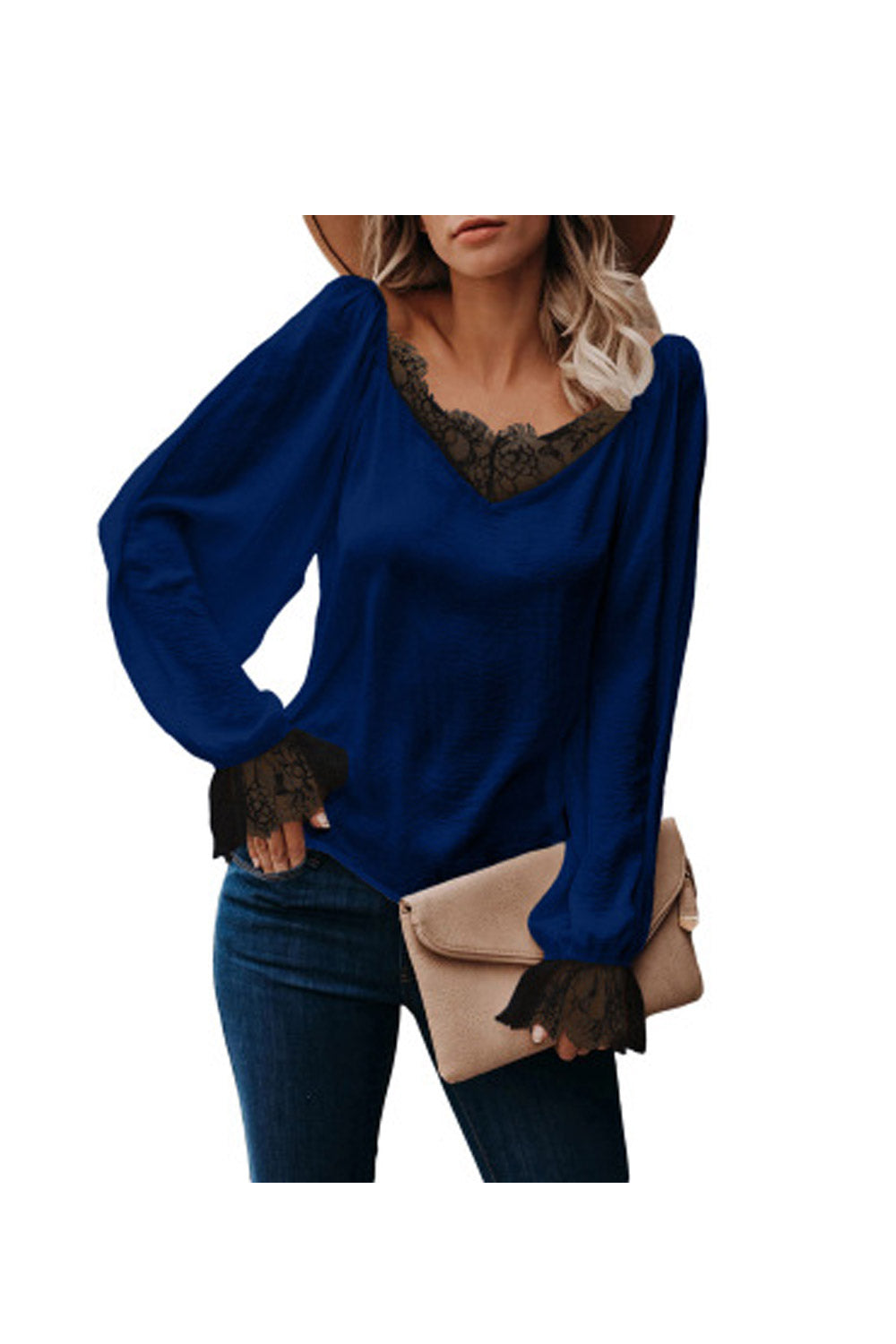 Women Solid Colour V-Neck Lace Loose Top