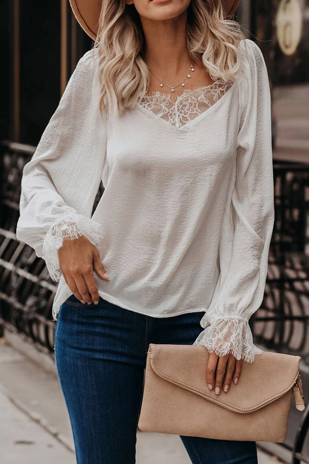 Women Solid Colour V-Neck Lace Loose Top