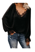 Women Solid Colour V-Neck Lace Loose Top