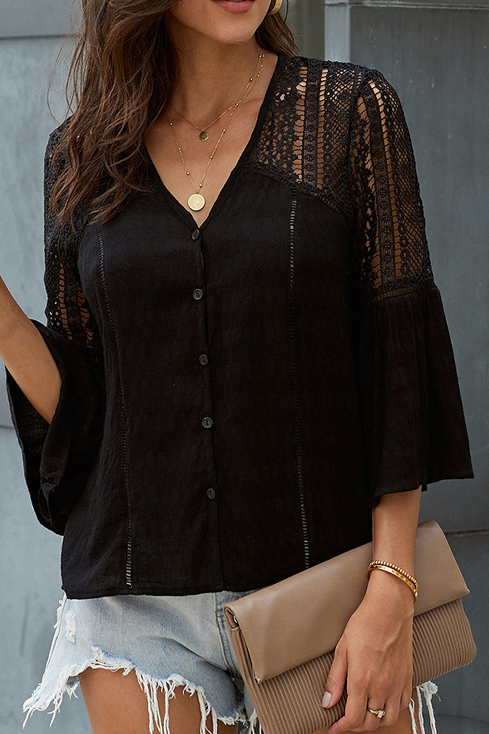 Women Sheer Flare Sleeves Transparent Lace Shirt