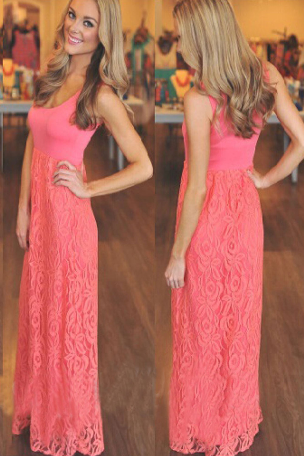 Women Sleeveless Floor Length Lace Party Dress