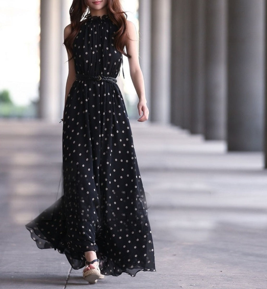 Women Wave Point Collar Neck Big Swing Doted Dress Black