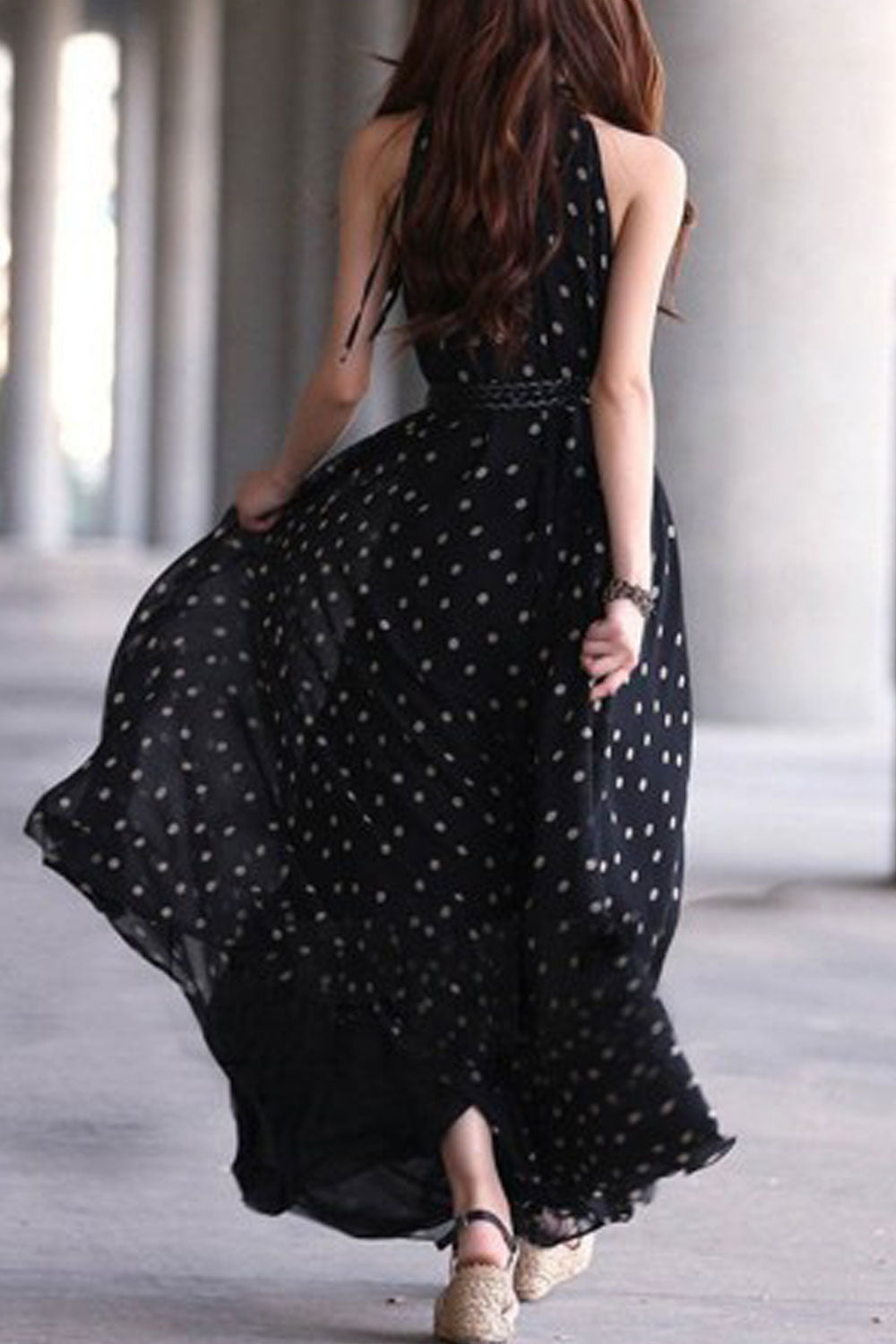 Women Wave Point Collar Neck Big Swing Doted Dress Black