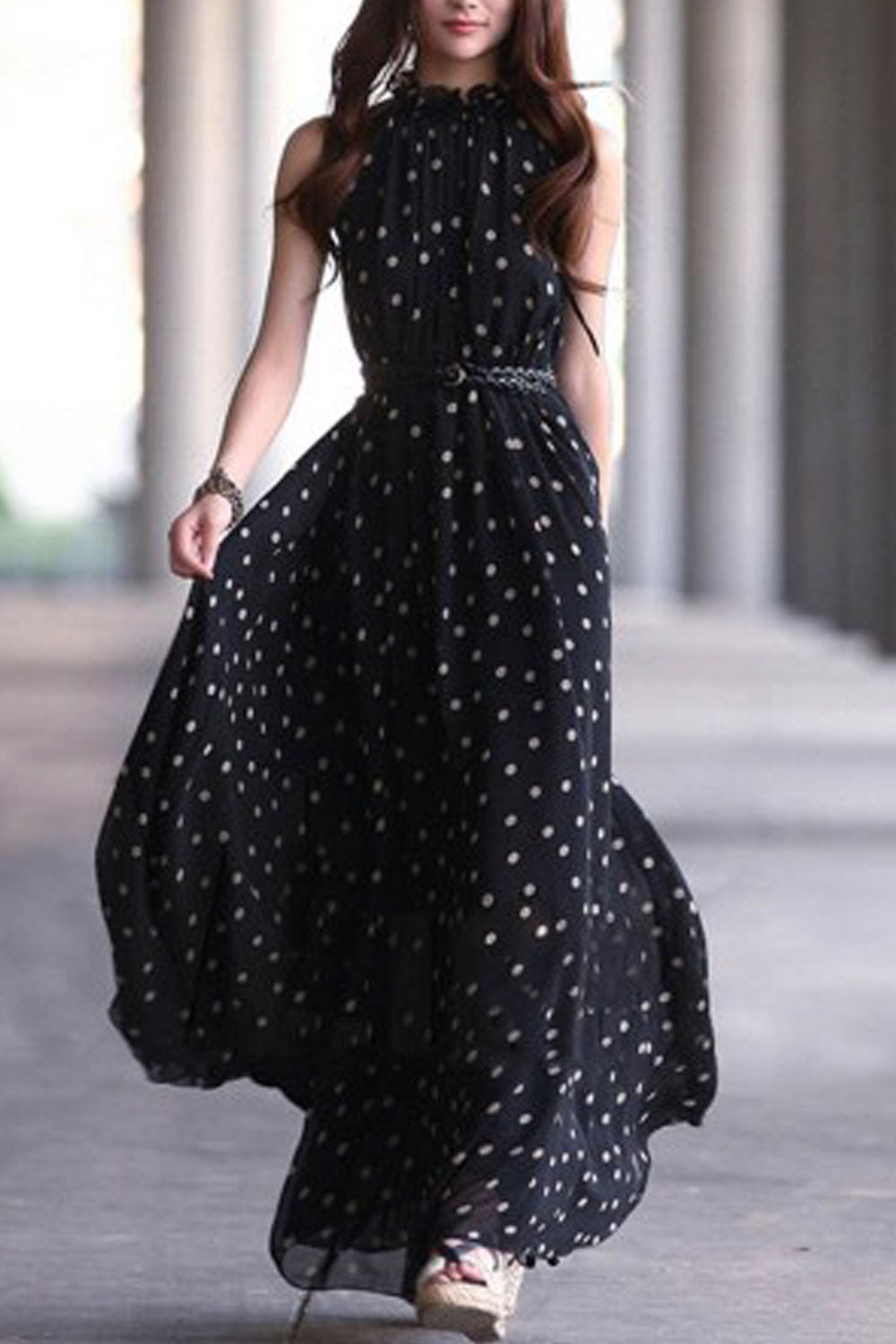Women Wave Point Collar Neck Big Swing Doted Dress Black