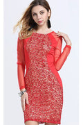 Women Sheer Long Sleeve Lace Decorated Sheath Dress Red