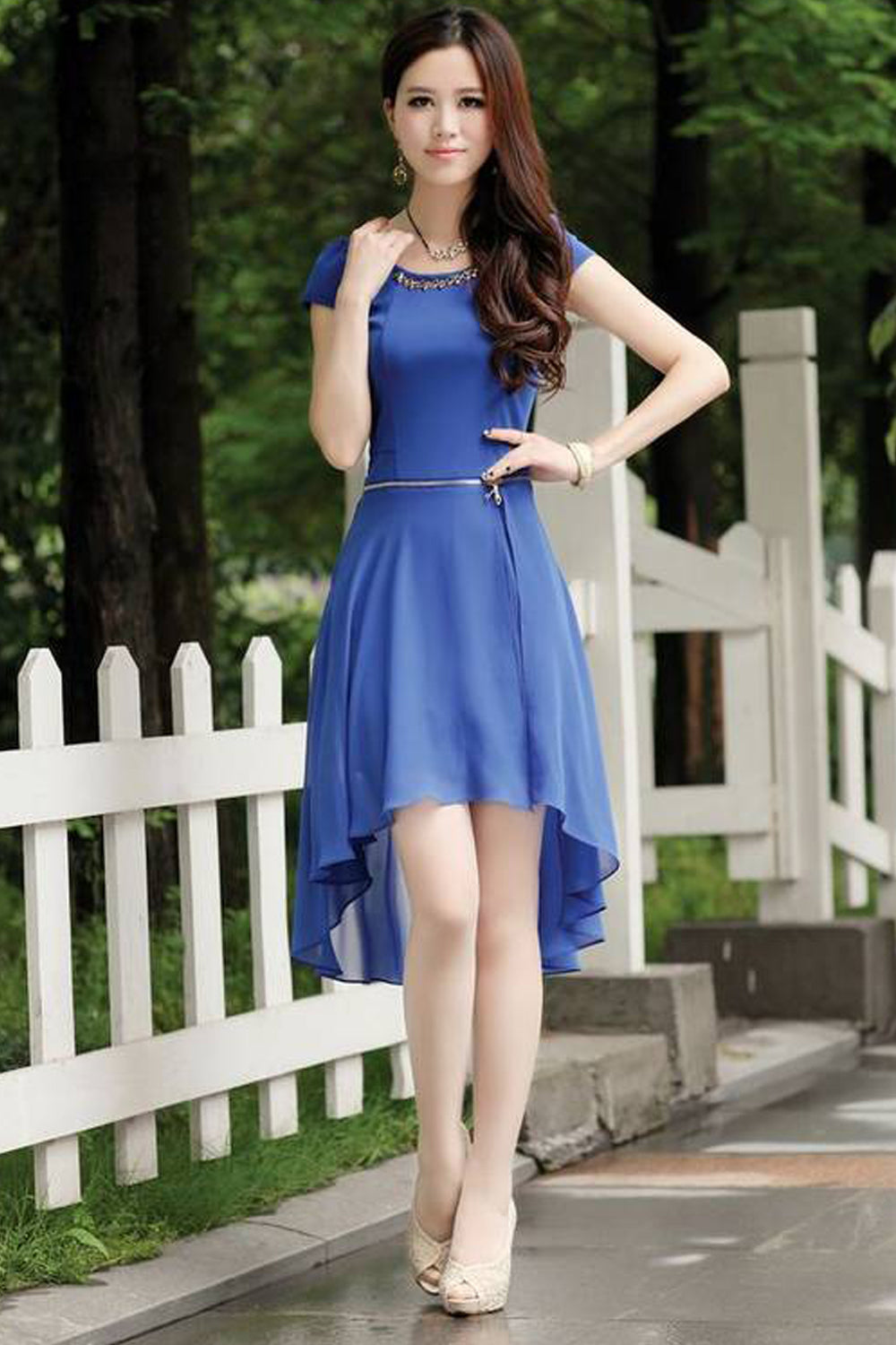 Women Short Length Bodycon Chiffon Dress Blue