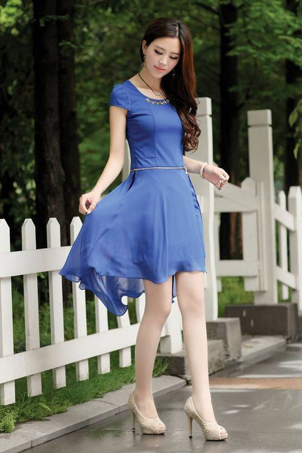 Women Short Length Bodycon Chiffon Dress Blue