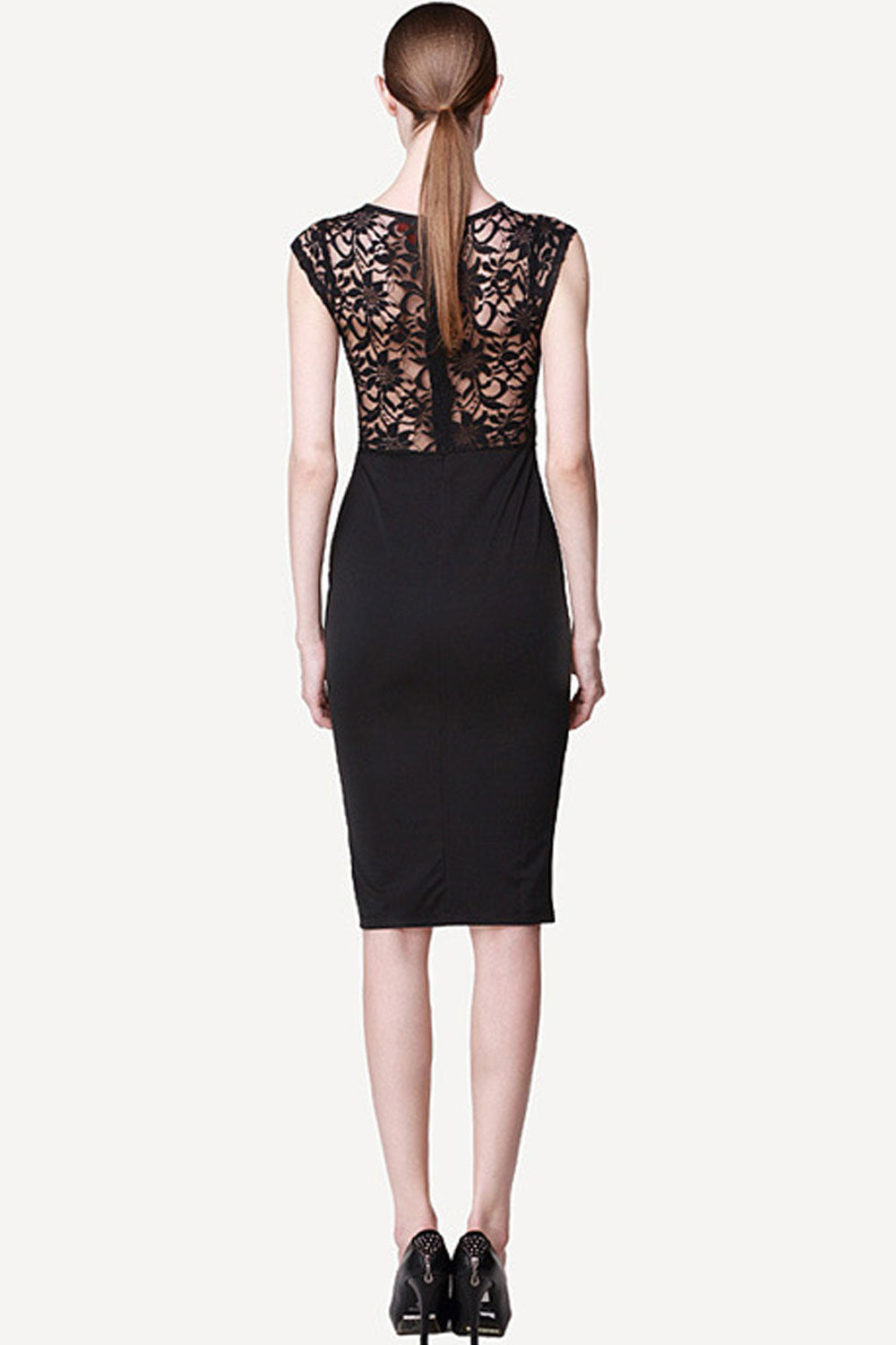 Women Cup Sleeves Bodycon Lace Dress Black