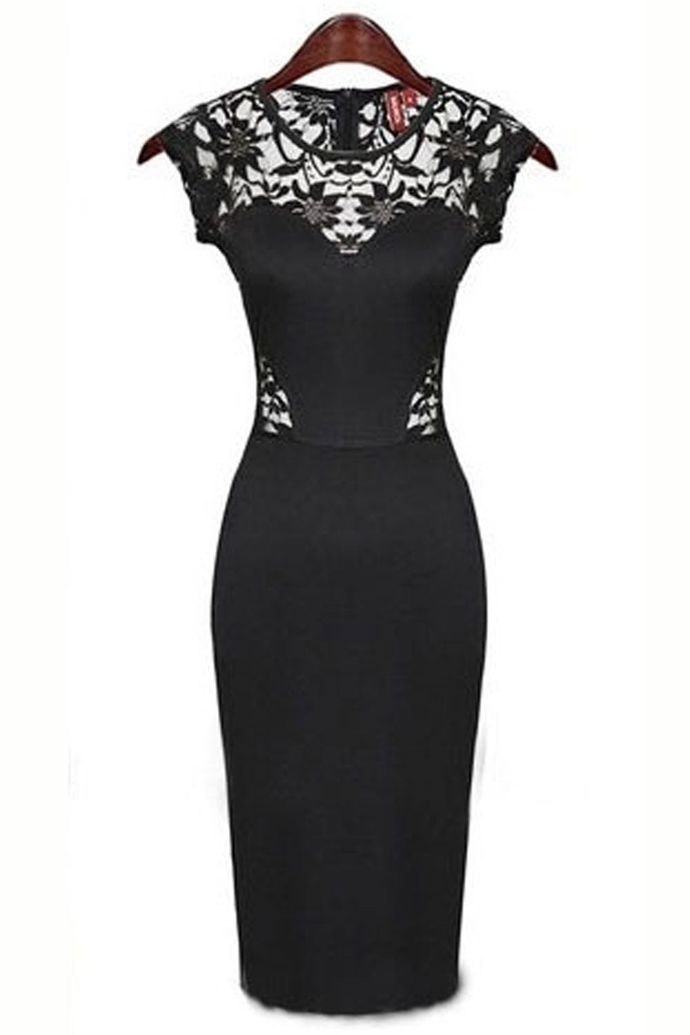 Women Cup Sleeves Bodycon Lace Dress Black