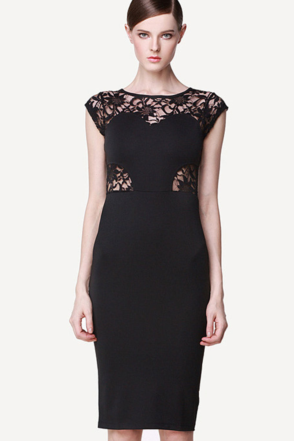 Women Cup Sleeves Bodycon Lace Dress Black
