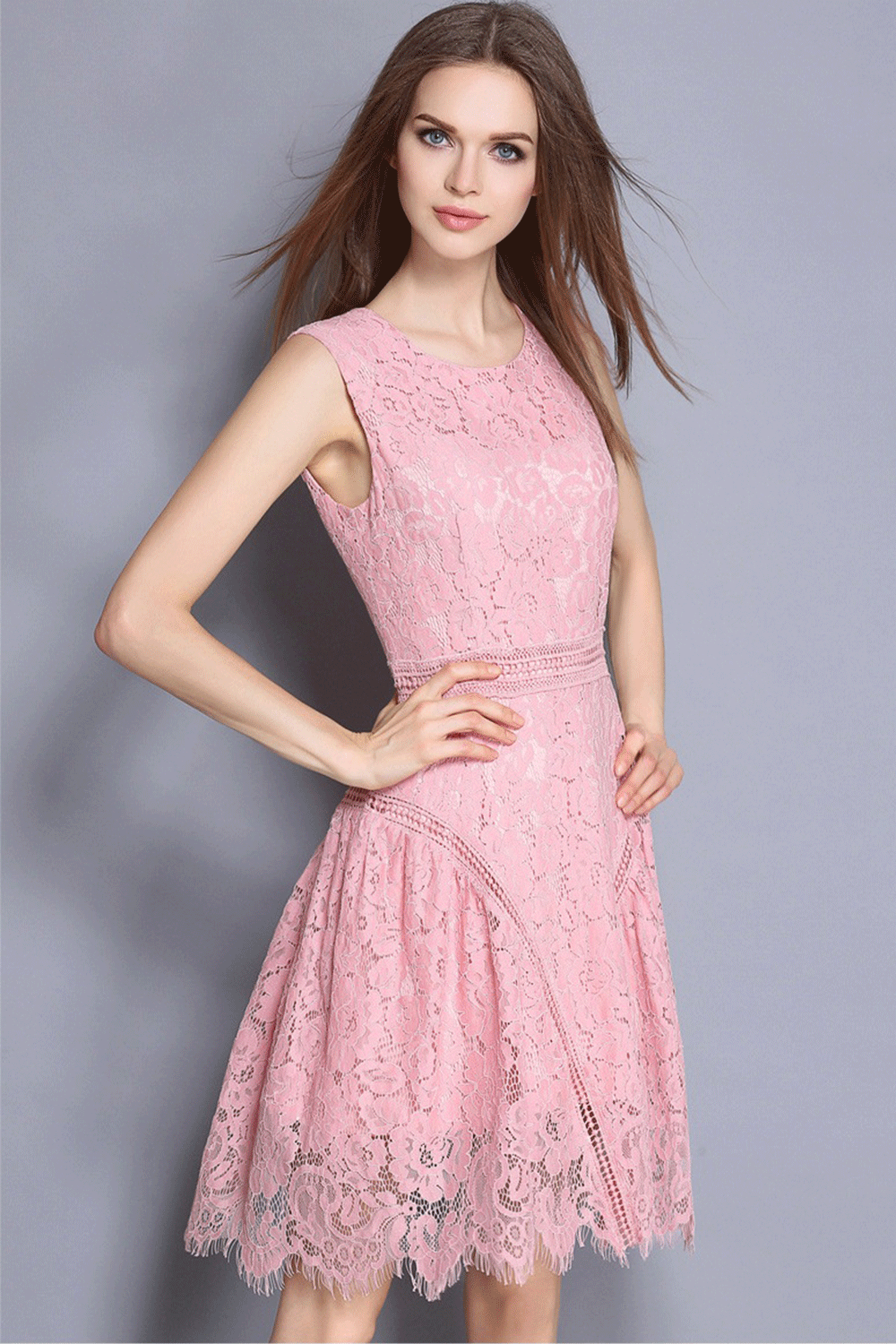 Women Sleeveless Waist Fitted Short Length Dress Pink