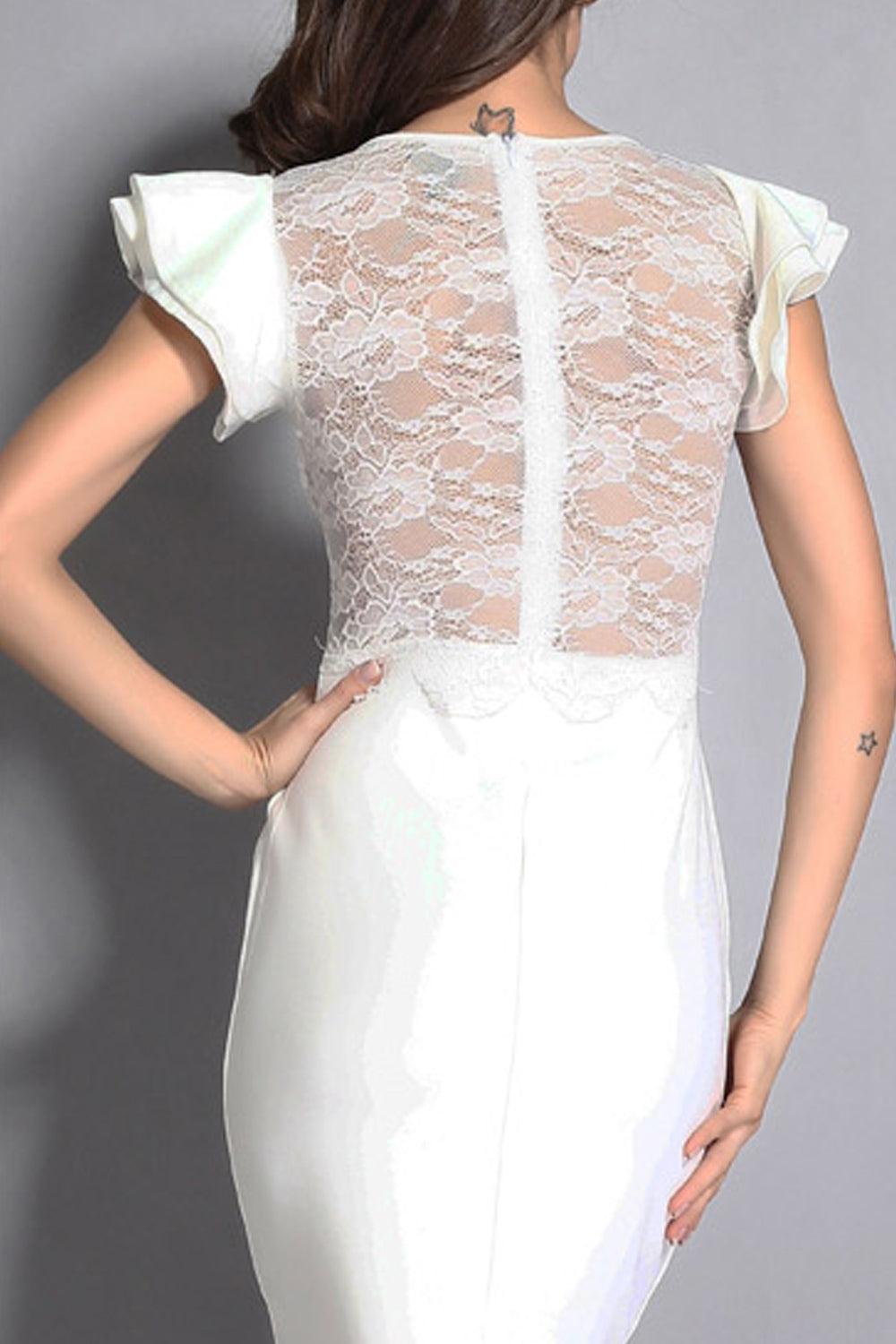 Women Short Sleeve Round Neck Lace Dress White