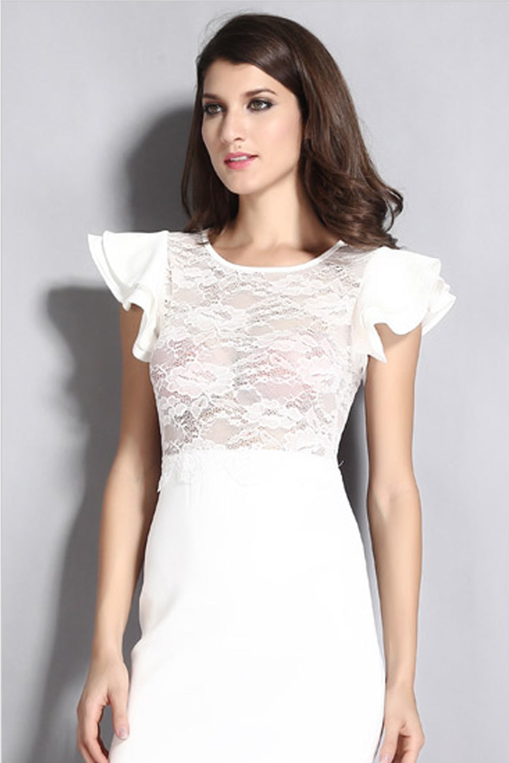 Women Short Sleeve Round Neck Lace Dress White